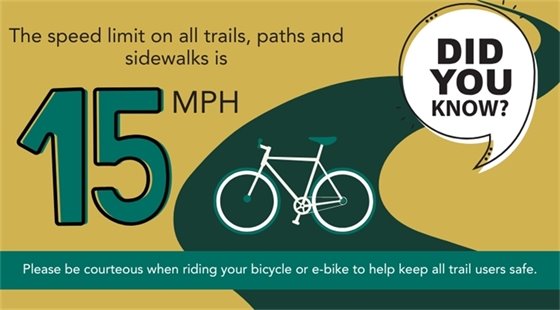 The speed limit on all trails, paths and sidewalks is 15 mph. Please be courteous when riding your bicycle or e-bike to help keep all trail users safe.