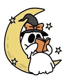 A cartoon ghost wearing witch hat reading a book while sitting on a crescent moon
