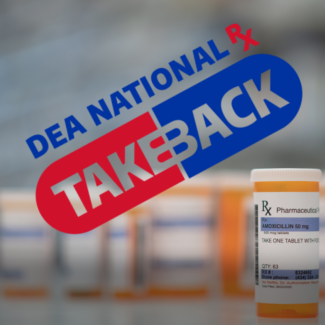 DEA National Prescription Drug Take Back Day logo over image of prescription medicine bottle.