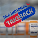 DEA National Prescription Drug Take Back Day logo over image of prescription medicine bottle.