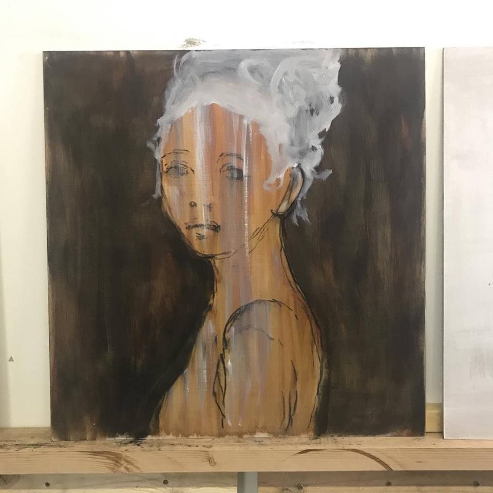 Figure drawing of a woman with white hair