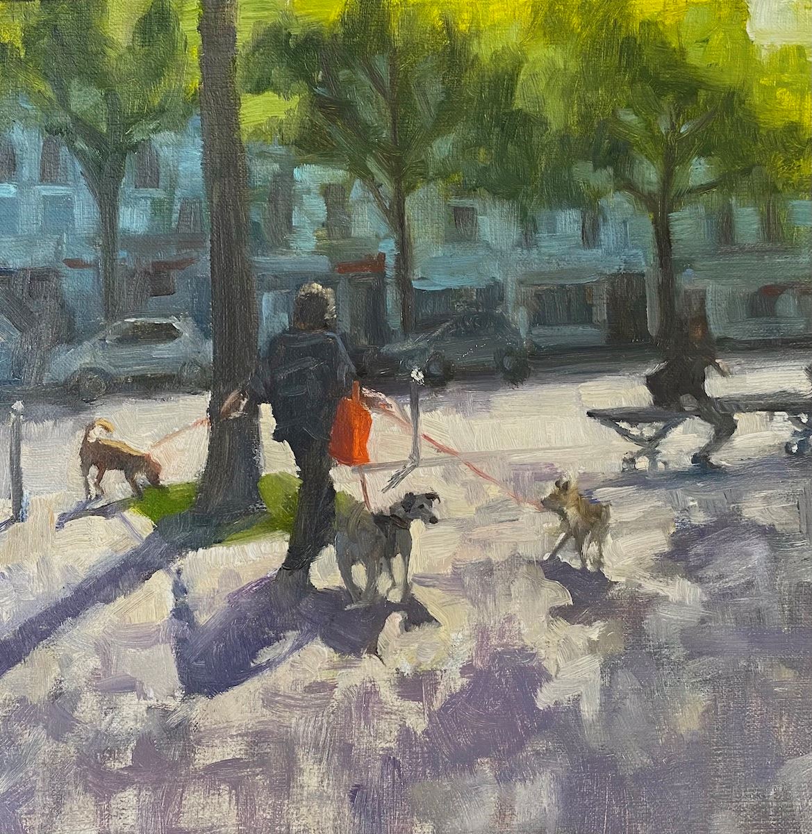 Oil painting of person walking three dogs on leash